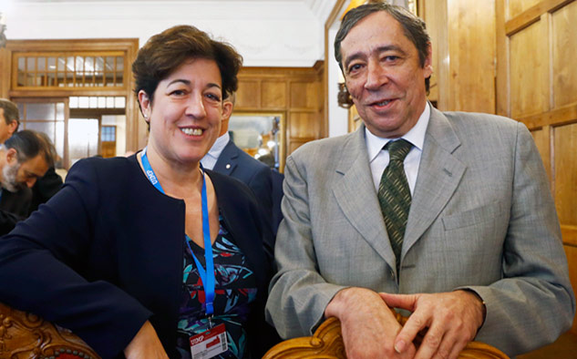 Elena Pisonero, presidenta de Hispasat y Rafael Rodrigo, Secretario general de Coordinación de Política Científica del Ministerio de Ciencia, Innovación y Universidades español