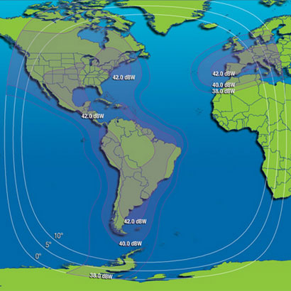 Cobertura del Intelsat 805, ubicado en la posición 304.5˚Este. El satélite será reemplazado el próximo año por el Intelsat 34.