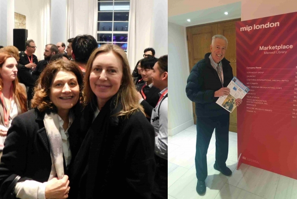 Maria Chiara Duranti de FormatBiz y Francesca Tomasin de Fremantle Italy en el cóctel de apertura de MIP London en el IET. Dom Serafini, editor de VideoAge, con intensa labor en los múltiples eventos londinenses.