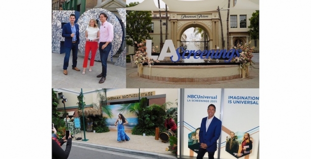 Fernando Szew, Prentiss Fraser y Rob Wade de Fox en la fiesta de Fox; el cartel de bienvenida de Paramount; la fiesta de Disney tuvo una temática hawaiana; Michael Bonner de NBCUni.