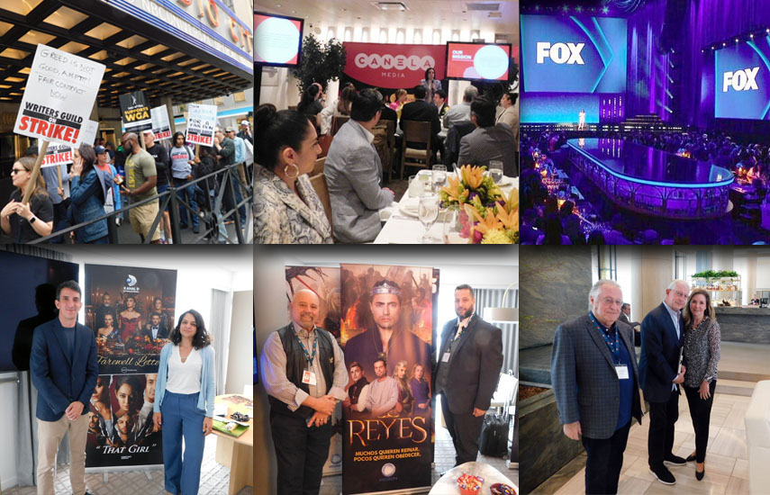 Isabel y Michael Rafferty, de Canela Media, presentaron su Upfront en el Avra Rockefeller Center de Nueva York, frente al Radio City Music Hall, donde NBCUni celebró su Upfront cercado por piquetes de huelguistas del Sindicato de Guionistas. FOX Corporation eligió el Manhattan Center. Abajo: Selim Turkmen y Sibel Levendoglu de Kanal D de Turquía; Delmar Andrade y Edson Mendes de Record TV de Brasil; y Irv Holender de Multicom, Tom Devlin de Entertainment Studios y Sheila Morris de Morris PR.