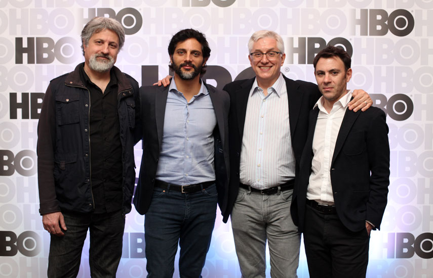Gustavo Malajovich, Joaquin Furriel, Roberto Rios y Diego Andrasnik, en la presentación de la nueva serie en el Hyatt Park de Buenos Aires.