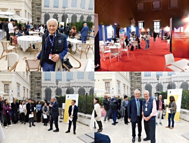 Instantáneas romanas: Giuseppe Proietti, director de Coproducción Internacional de Cross, con sede en Roma; una de las salas del Bernini, que albergaba los stands de la exposición (arriba); Francesco Rutelli, presidente de ANICA, la Asociación Audiovisual Italiana, y antiguo alcalde de Roma, dirigiéndose a algunos de los estudiantes que asistieron al taller de la Academia ANICA; Rutelli y Dom Serafini, de VideoAge.